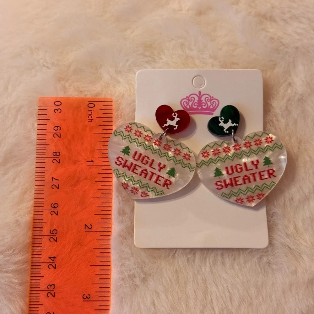 Festive Ugly Sweater Heart Earrings - Picture 2 of 3